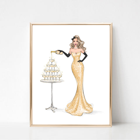 Glam girl with champagne pyramid art print fashion illustration