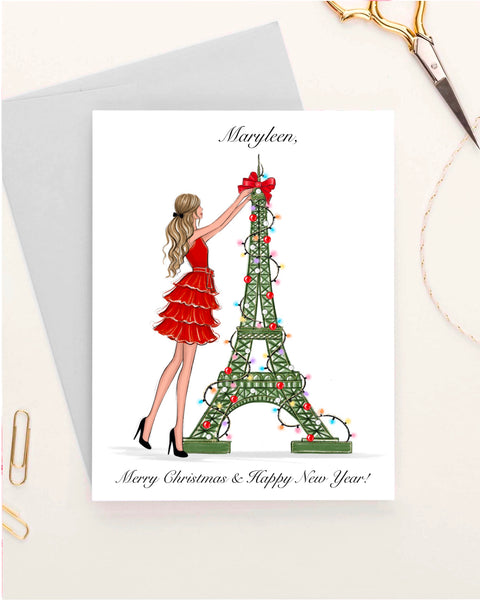 Christmas greeting card fashion illustration of the girl with Eiffel Tower