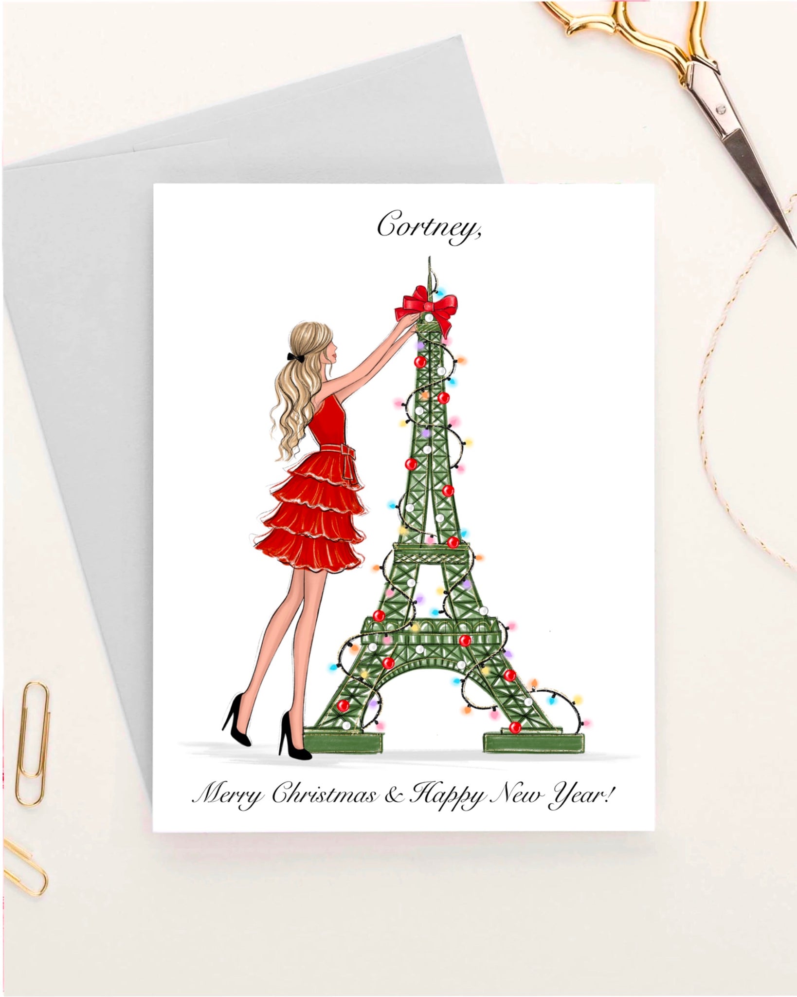 Christmas greeting card fashion illustration of the girl with Eiffel Tower
