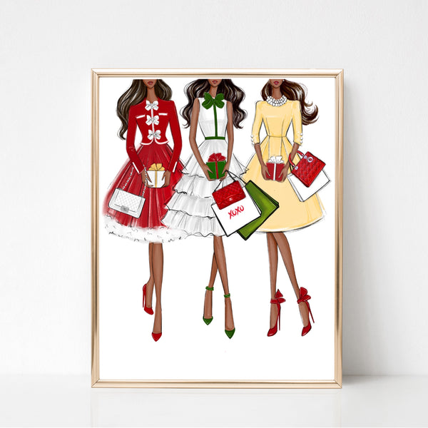 Christmas art fashion illustration of a sassy girls with gifts