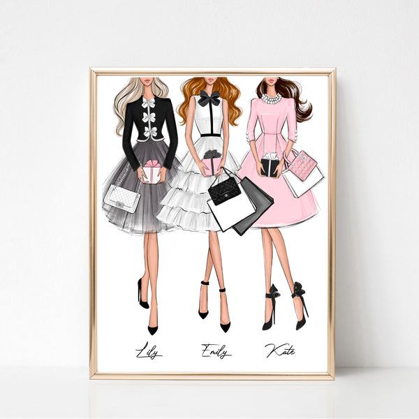 Customizable art print fashion illustration of 3 girls with gifts and fashion bags