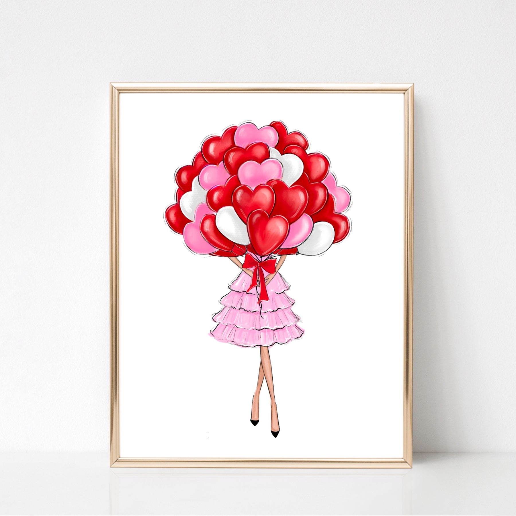 Girl in hearts balloons art print fashion illustration