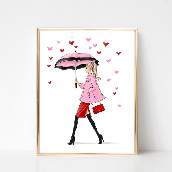 Heart rain art print fashion illustration