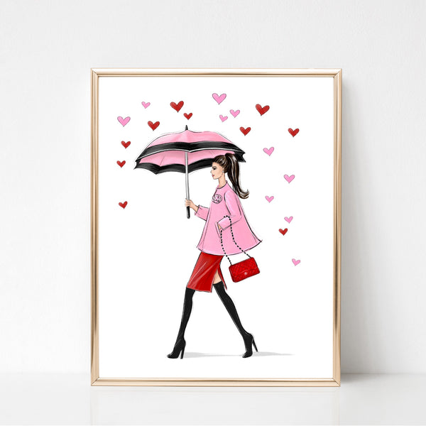 Heart rain art print fashion illustration