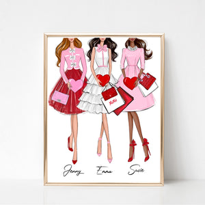 Galentines personalized art print of 3 girls