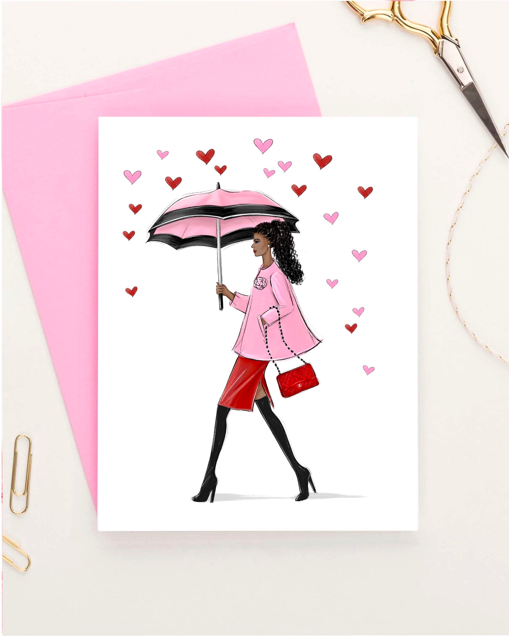 Set of 5 Valentines day greeting cards, Hearts rain