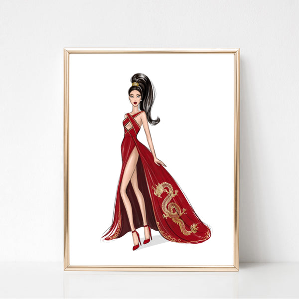 2024 Chinese New Year Dragon dress woman art print fashion illustration