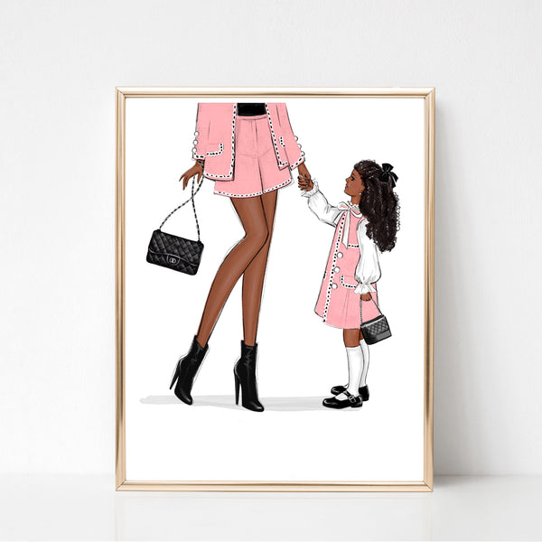 Mom of girl in classic pink outfit art print fashion Illustration