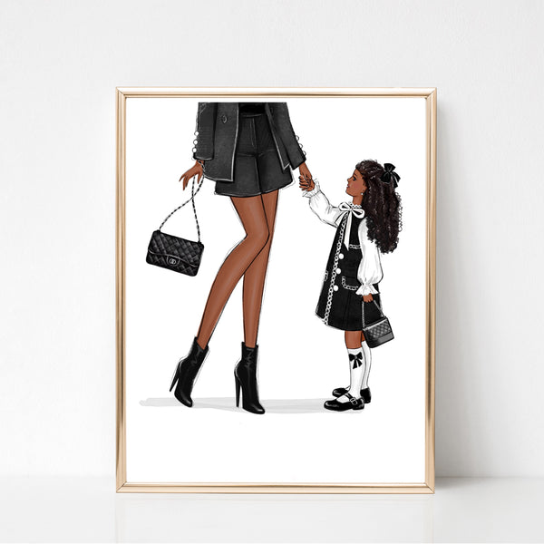 Mom of girl in classic outfit art print fashion Illustration