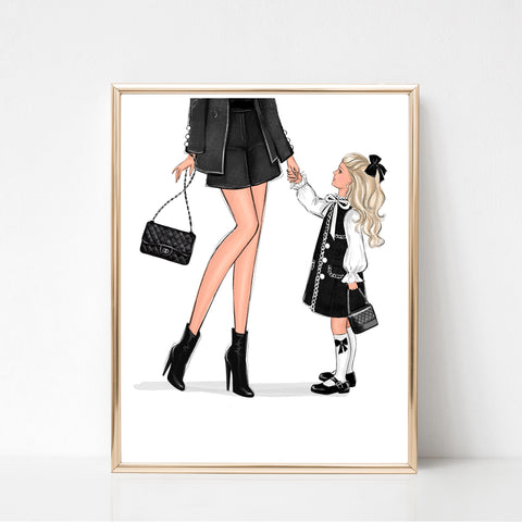Mom of girl in classic outfit art print fashion Illustration