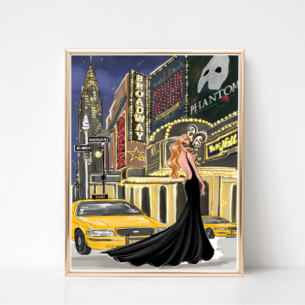 Girl in black gown Broadway New York art print fashion illustration
