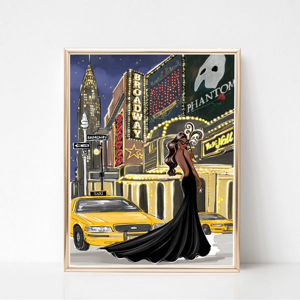 Girl in black gown Broadway New York art print fashion illustration