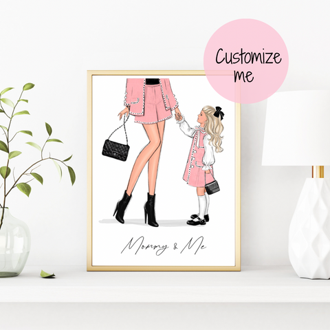 Mom of girl in classic pink outfit art print fashion Illustration