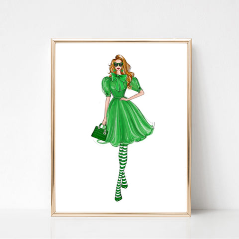 St. Patrick`s Day green dress girl fashion illustration art print