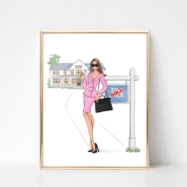 Custom name real estate agent fashion illustration art print