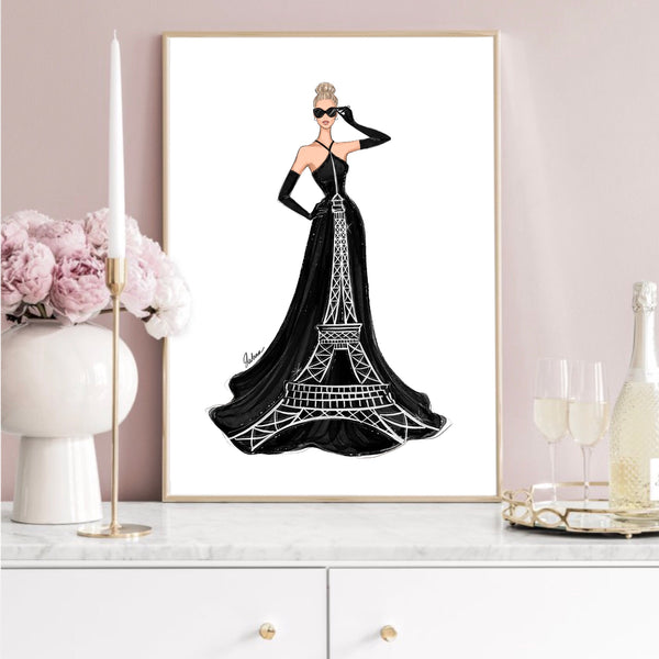 Black Eiffel Tower dress art print fashion illustration