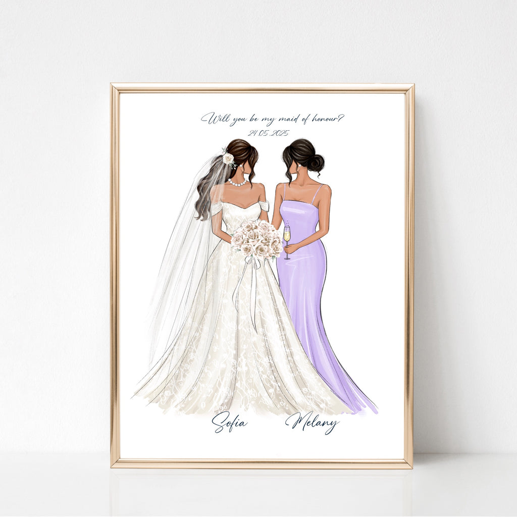 Personalized bride and bridesmaid art print. Custom wedding illustrati Lalana Arts Personalized bride and bridesmaid art print. Custom wedding illustrati Lalana Arts