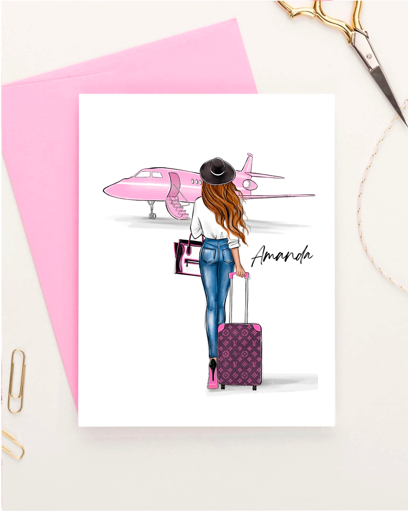 Pink airplane greeting card fashion illustration