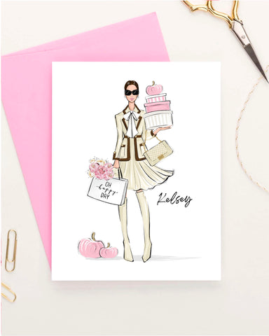 Girl with pink pumpkins fall themed greeting card fashion illustration