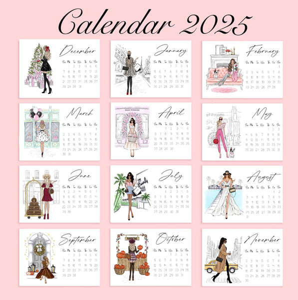 2025 Desk Calendar - Fashion Illustration Mini Calendar with stand