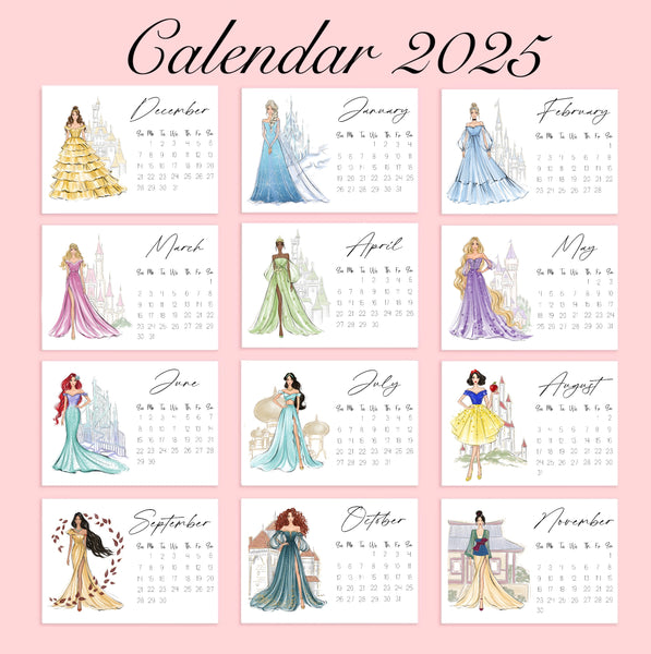 2025 Princess Calendar - Fashion Illustration Desk Mini Calendar