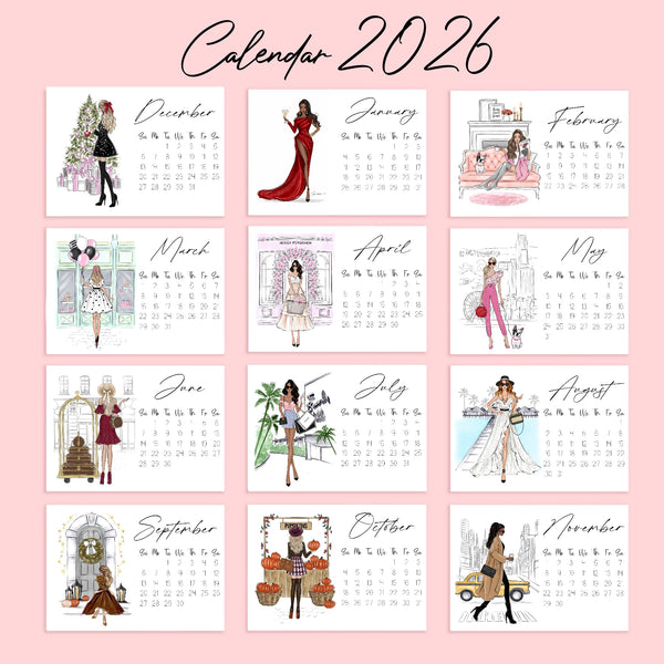 2026 Desk Calendar - Fashion Illustration Mini Calendar with stand
