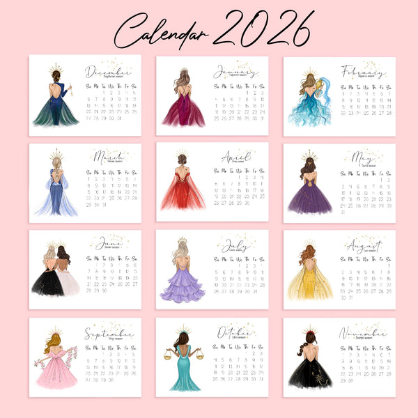 2026 Zodiac Desk Calendar - Fashion Illustration Mini Calendar