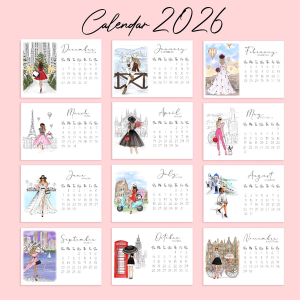 2026 Travel Calendar - Fashion Illustration Desk Mini Calendar