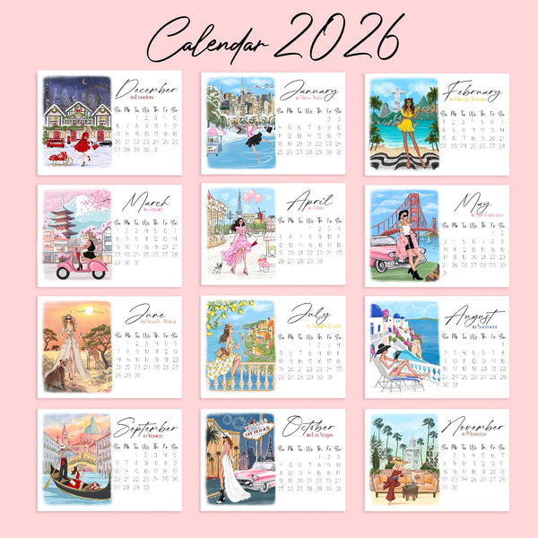 2026 Travel Calendar - Fashion Illustration Desk Mini Calendar