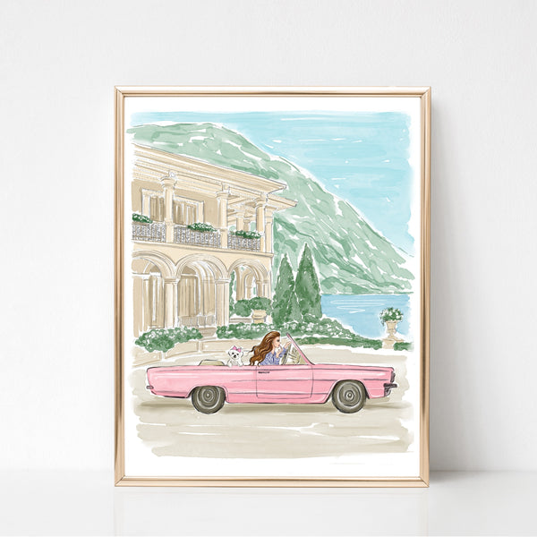 Watercolor art print fashion illustration of a girl in pink car