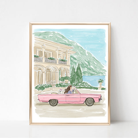 Watercolor art print fashion illustration of a girl in pink car