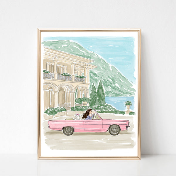 Watercolor art print fashion illustration of a girl in pink car