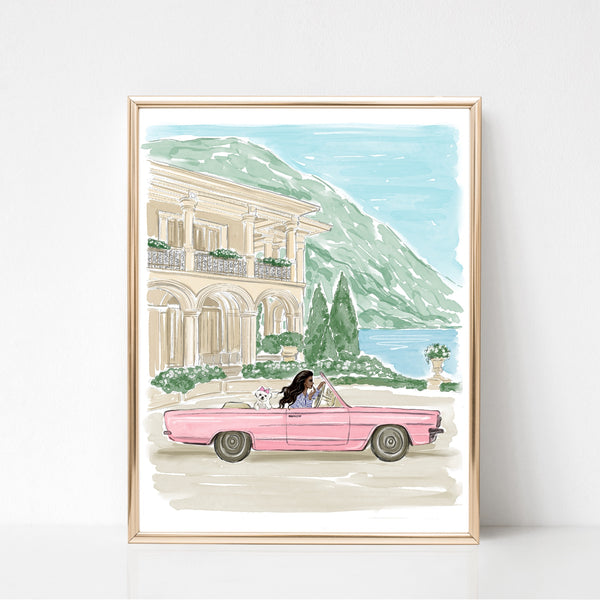 Watercolor art print fashion illustration of a girl in pink car