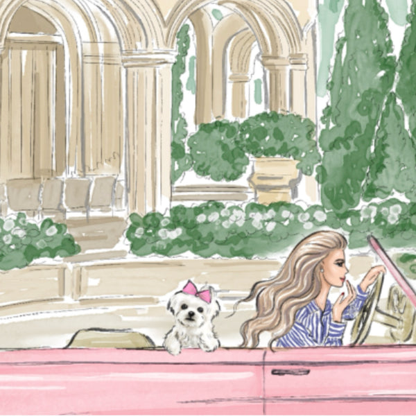 Watercolor art print fashion illustration of a girl in pink car