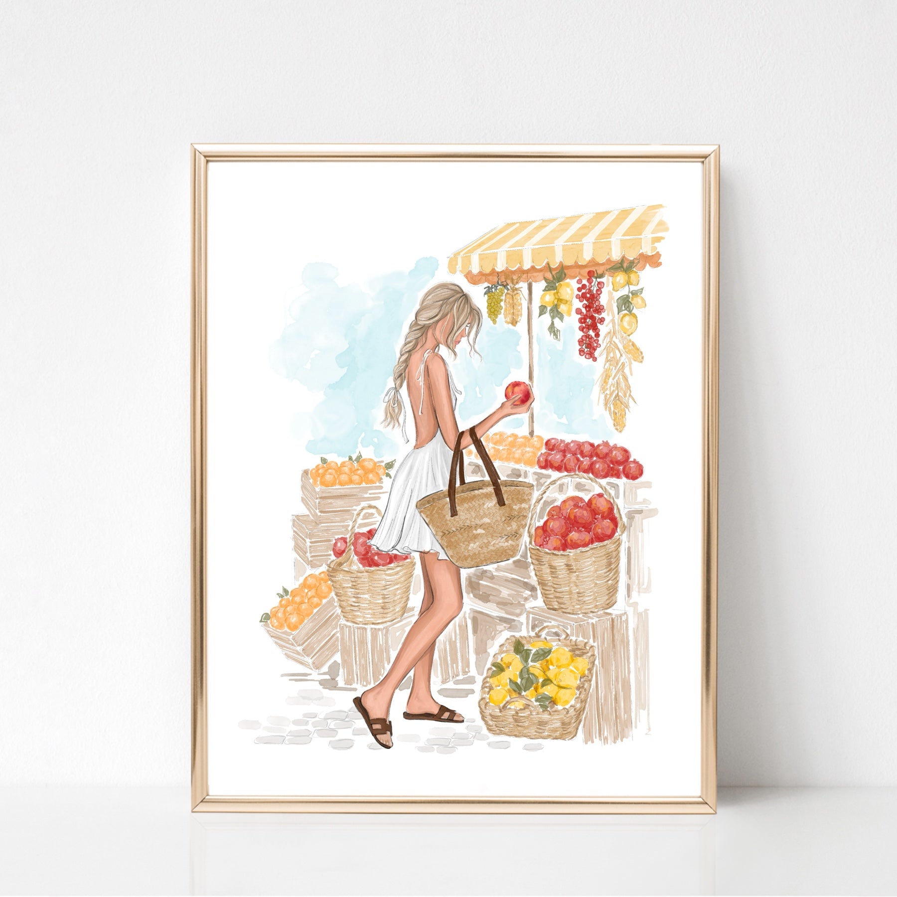 Watercolor art print fashion illustration of a girl in fruit market