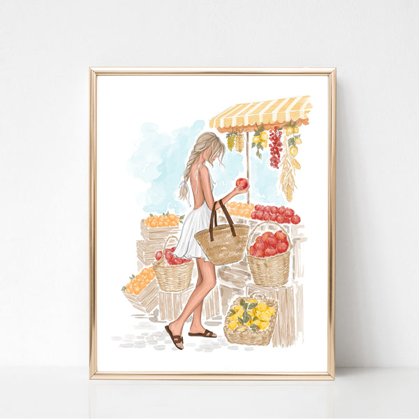 Watercolor art print fashion illustration of a girl in fruit market
