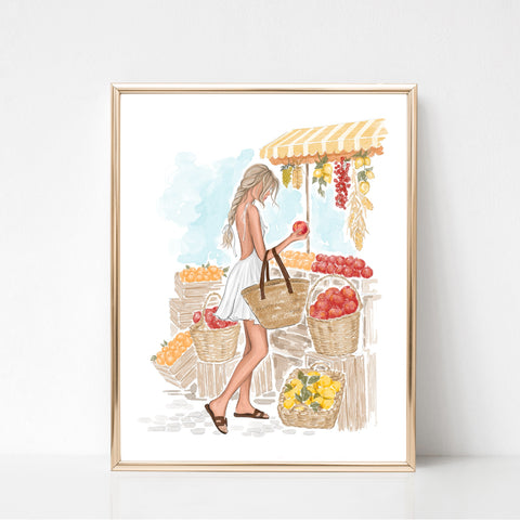 Watercolor art print fashion illustration of a girl in fruit market
