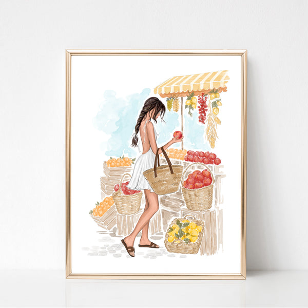 Watercolor art print fashion illustration of a girl in fruit market