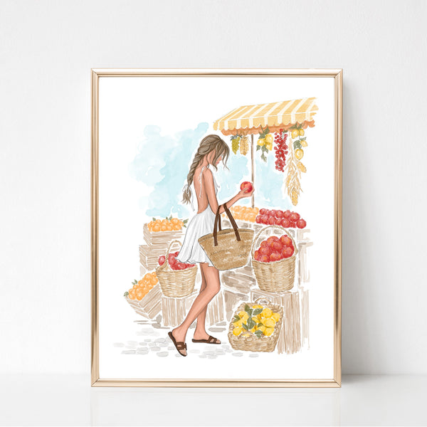 Watercolor art print fashion illustration of a girl in fruit market