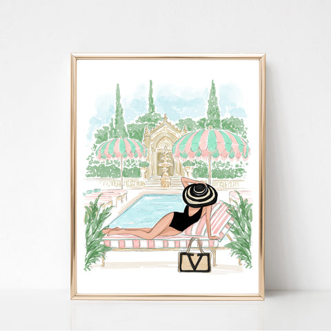 Chic girl by the pool summer art print fashion illustration
