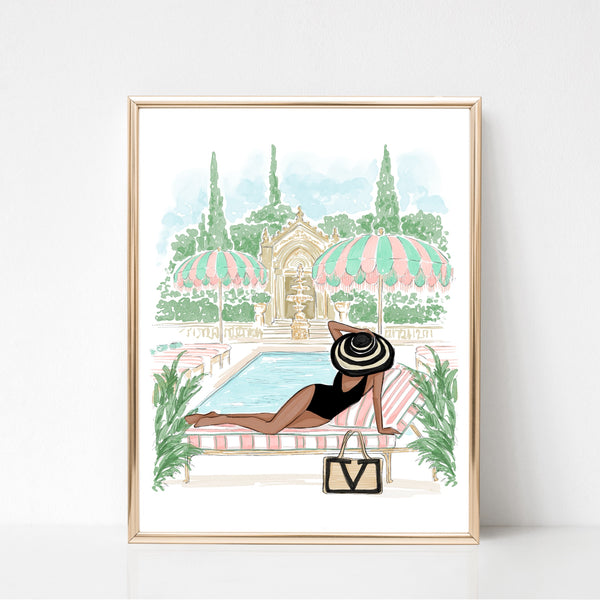 Chic girl by the pool summer art print fashion illustration