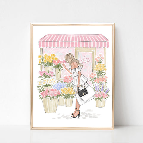 Watercolor art print fashion illustration of a girl in flower shop