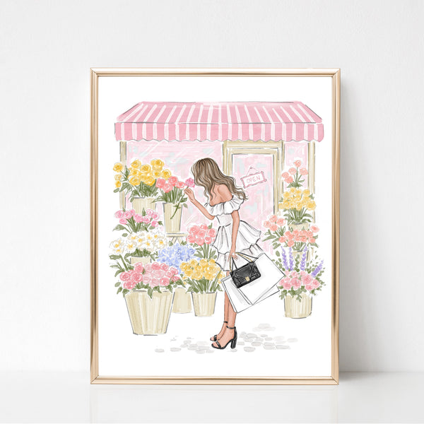 Watercolor art print fashion illustration of a girl in flower shop