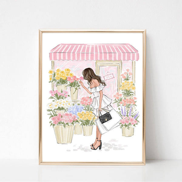 Watercolor art print fashion illustration of a girl in flower shop