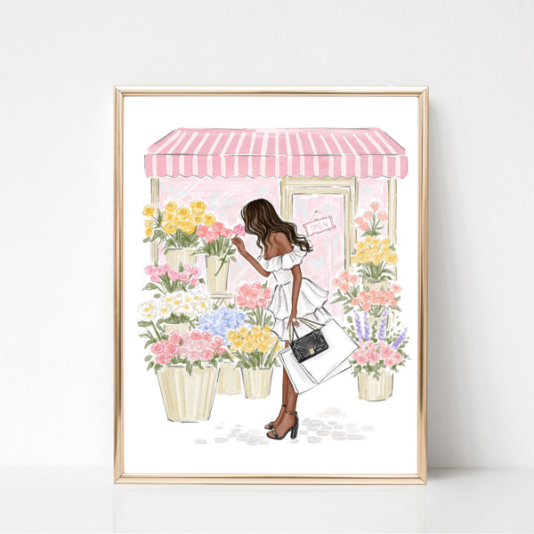 Watercolor art print fashion illustration of a girl in flower shop