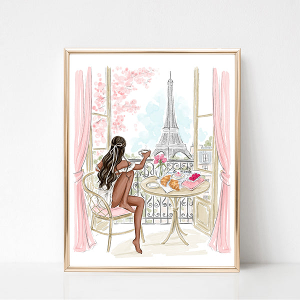 Watercolor art print fashion illustration. Morning coffee with Eiffel Tower view