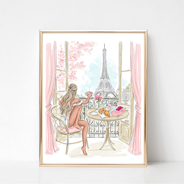 Watercolor art print fashion illustration. Morning coffee with Eiffel Tower view