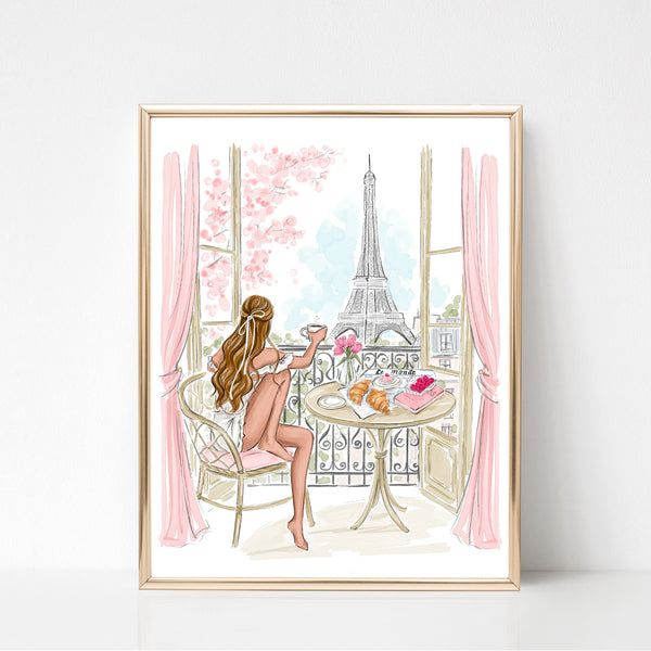 Watercolor art print fashion illustration. Morning coffee with Eiffel Tower view