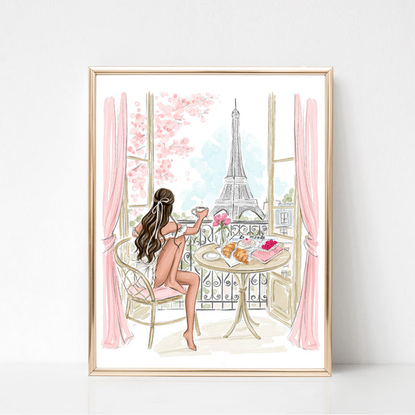 Watercolor art print fashion illustration. Morning coffee with Eiffel Tower view