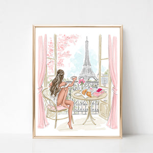 Watercolor art print fashion illustration. Morning coffee with Eiffel Tower view